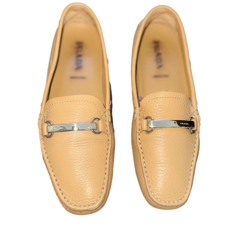PRADA Women’s 37.5 (US 7) Sand Leather Beige Loafers Flats Shoes